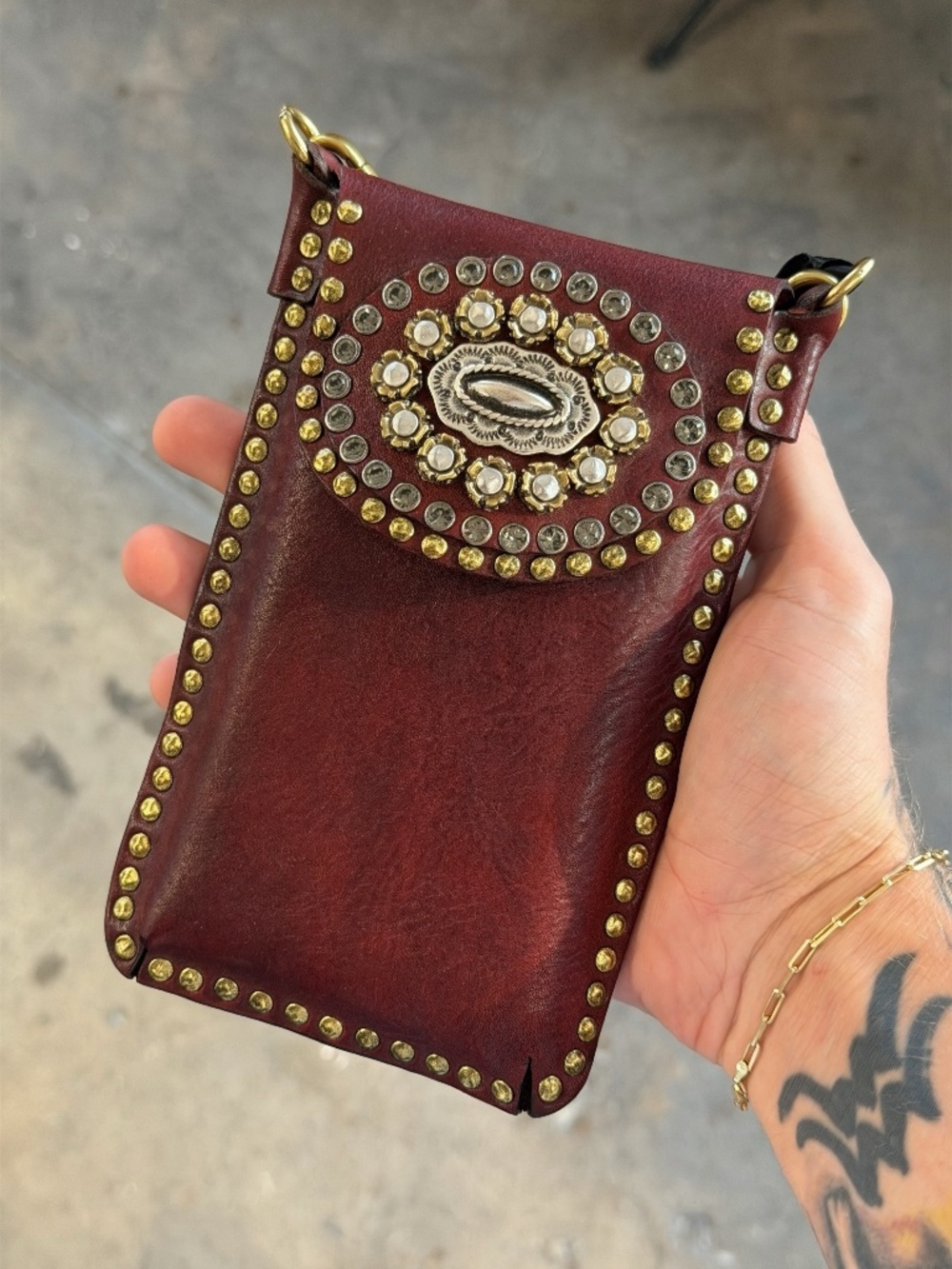 Campomaggi Leather Studded & Embellished Card & Phone Holder in Vinaccia